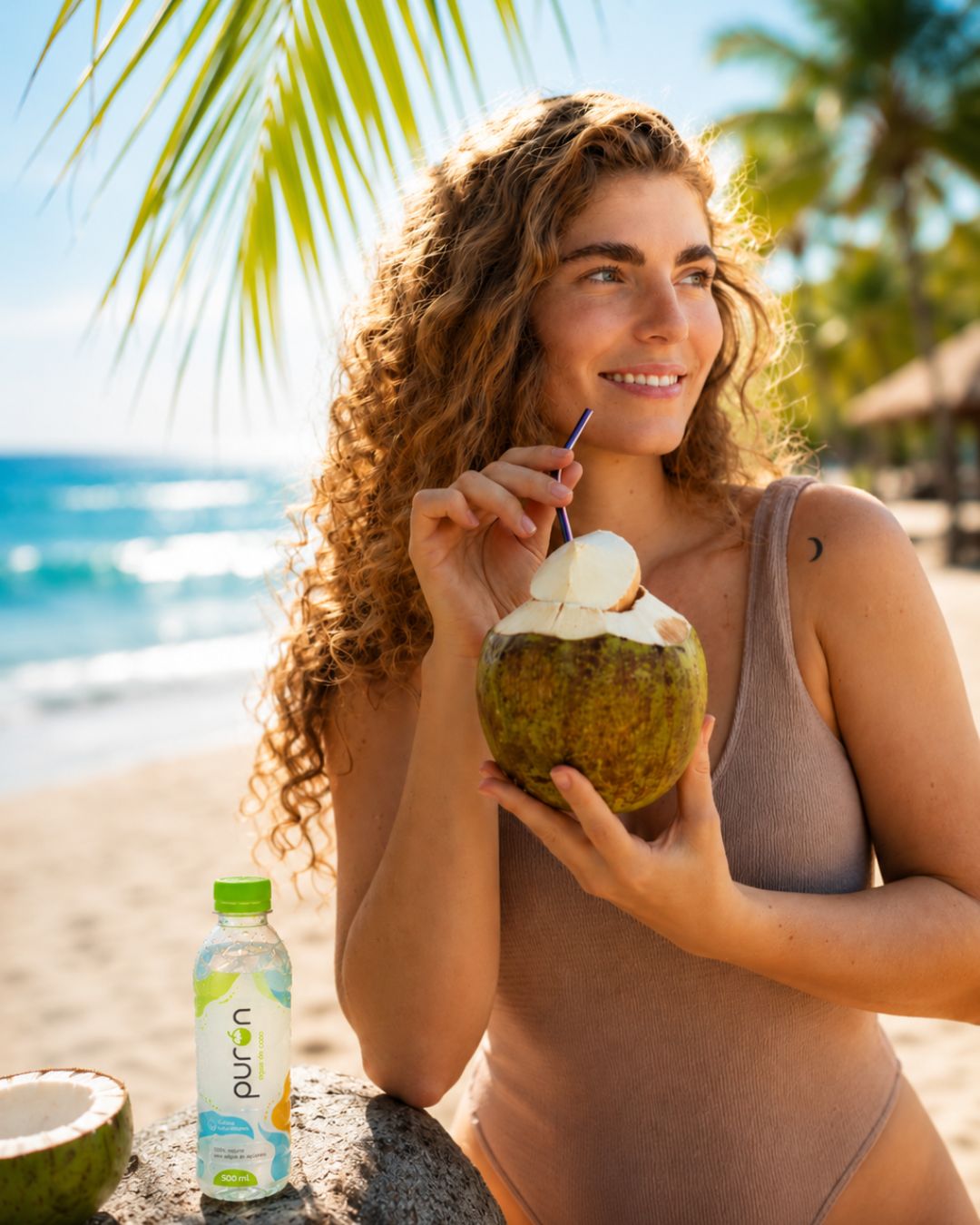 Garrafa de água de coco Puron ao lado de um coco fresco na natureza